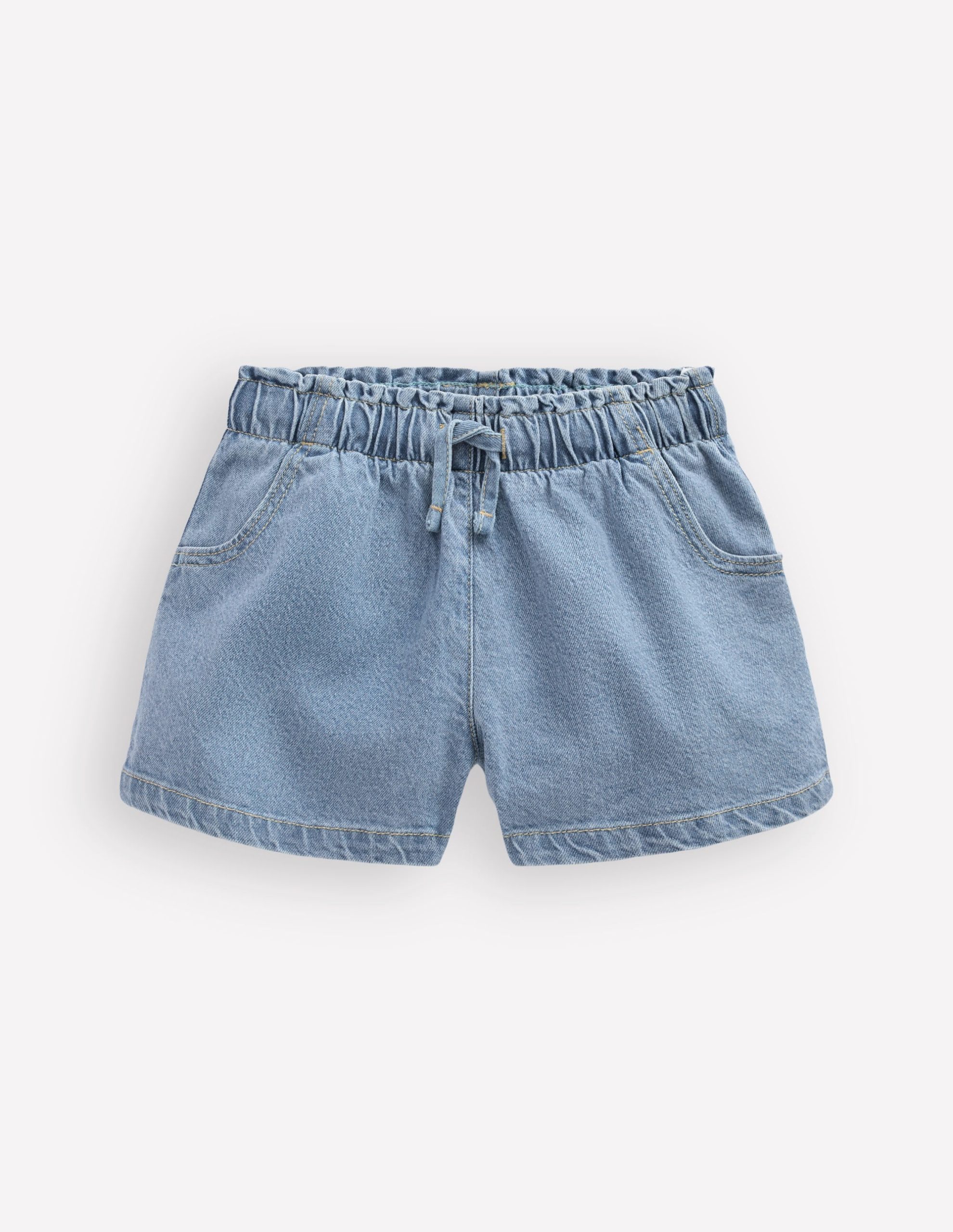 Frill Waist Shorts-Light Wash Denim