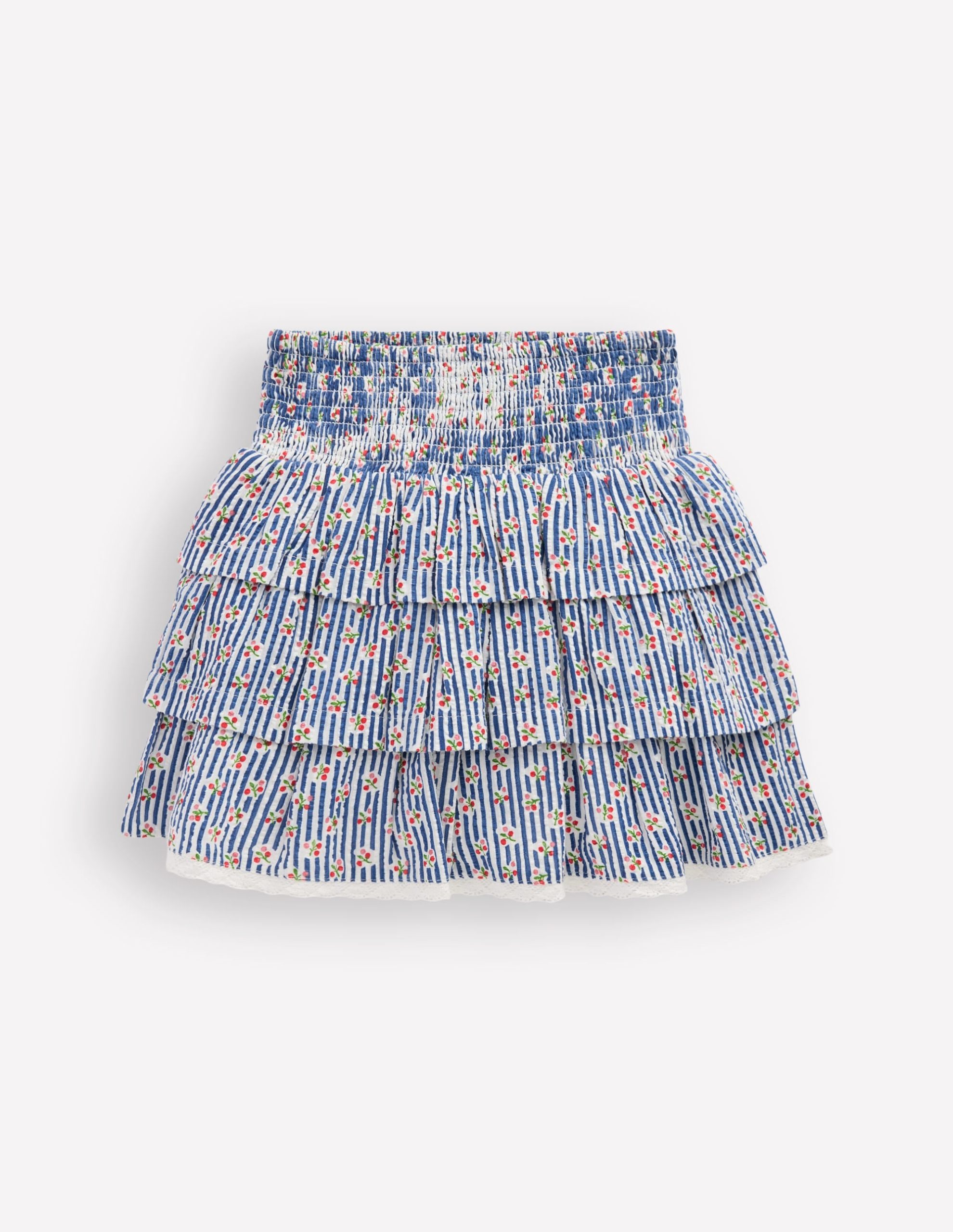 Smocked Waist Ruffle Skirt-Bluejay Cherry Stripe - Image 3