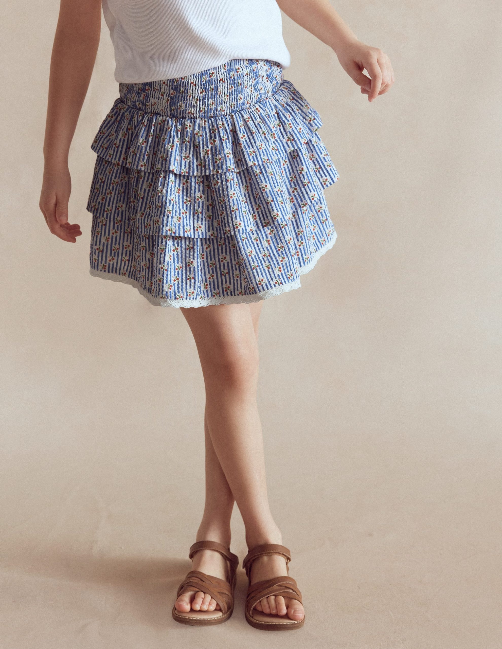 Smocked Waist Ruffle Skirt-Bluejay Cherry Stripe - Image 2