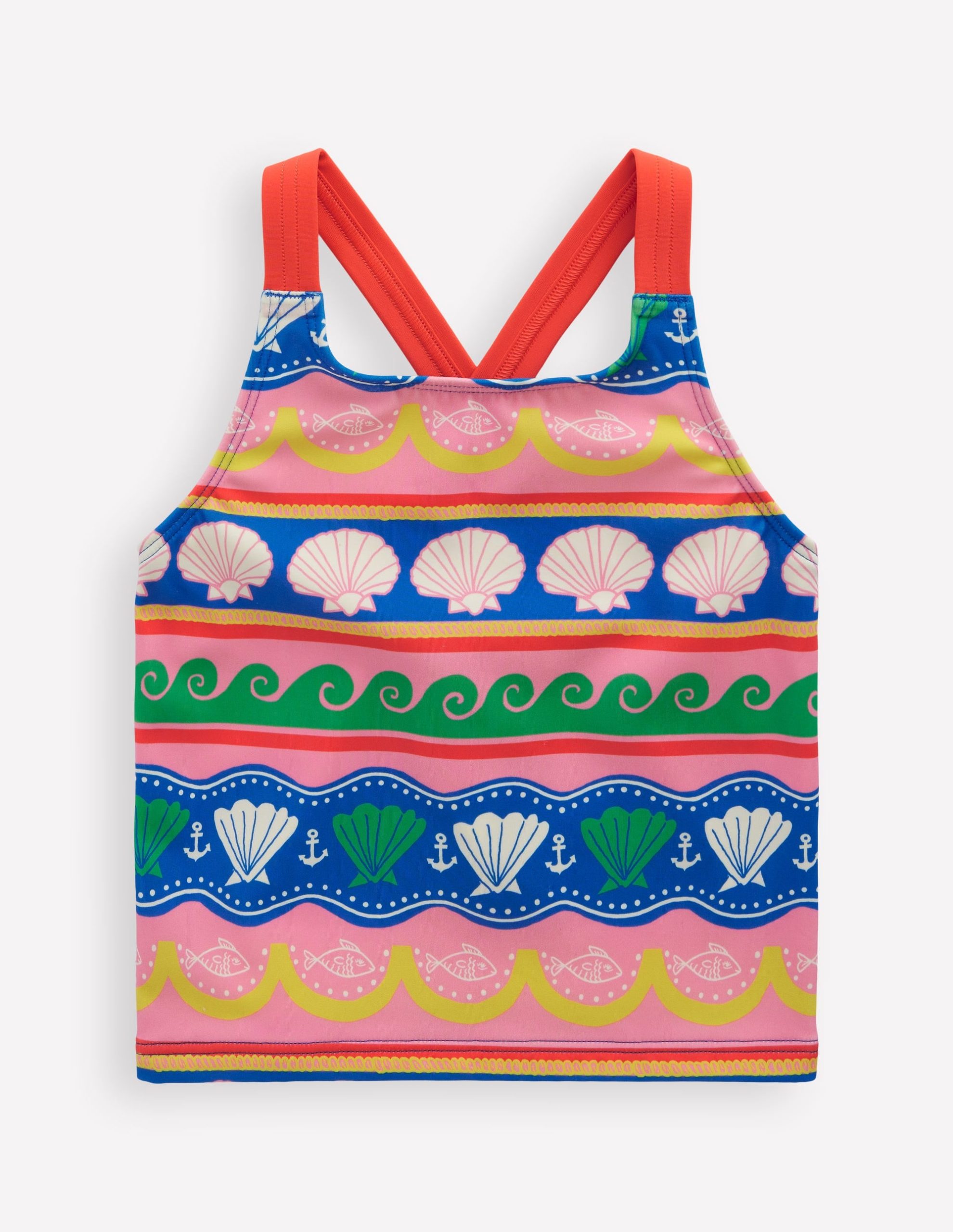 Cross-Back Tankini Top-Multi Sea Shell Stripe