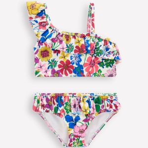 One Shoulder Frill Bikini Set-Multi Rainbow Floral