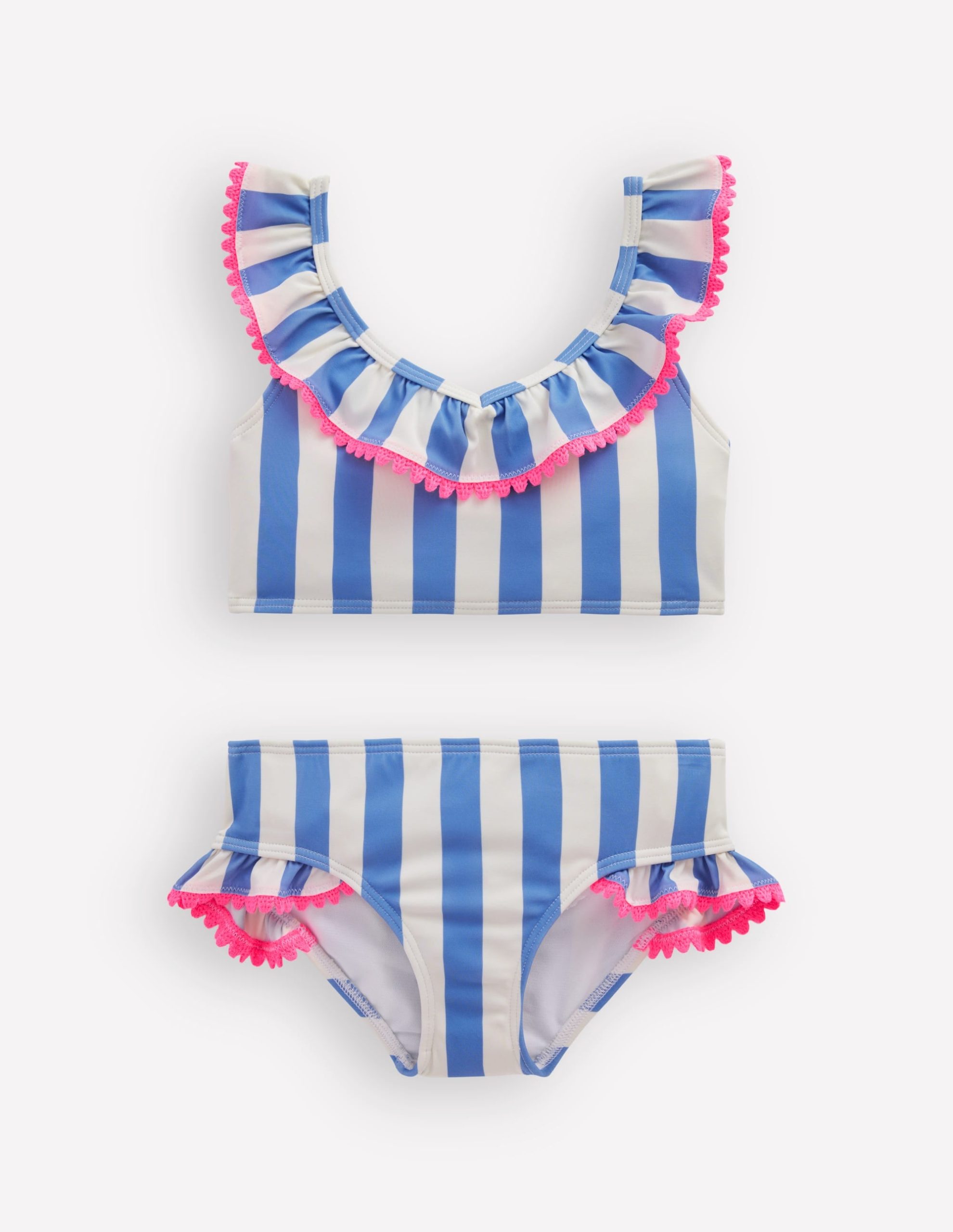 Frill V-neck Bikini Set-Denim Blue Stripe