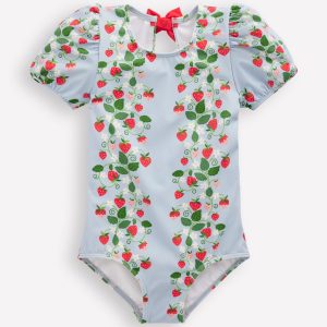 Puff Sleeve Swimsuit-Misty Blue Strawberry Vine