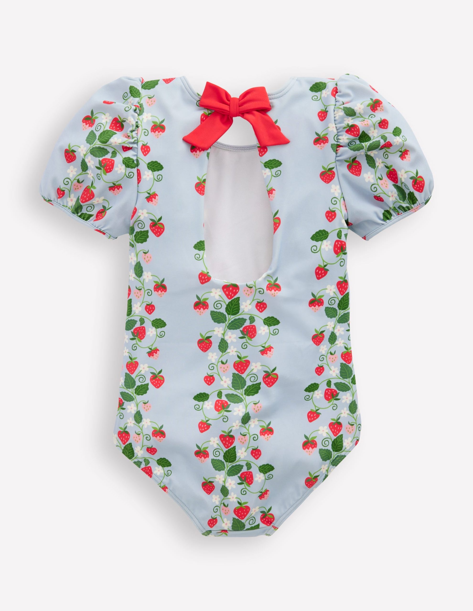 Puff Sleeve Swimsuit-Misty Blue Strawberry Vine - Image 2