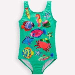 Scoop Back Appliqu?? Swimsuit-Aquamarine Blue Fish