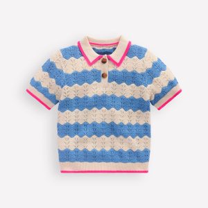 Pointelle Knitted Polo Top-Wave Blue
