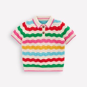 Pointelle Knitted Polo Top-Ecru Marl Multi Wave