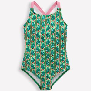 Cross-Back Printed Swimsuit-Green Floral Vine