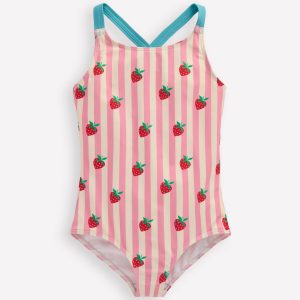 Cross-Back Printed Swimsuit-Pink Strawberry Stripe