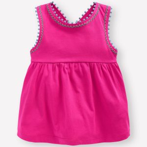 Cross-Back Pom Trim Top-Pink Peony