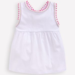 Cross-Back Pom Trim Top-White