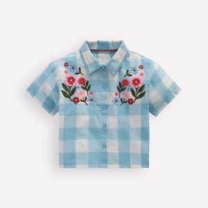 Short Sleeve Relaxed Shirt-Blue Gingham Embroidery