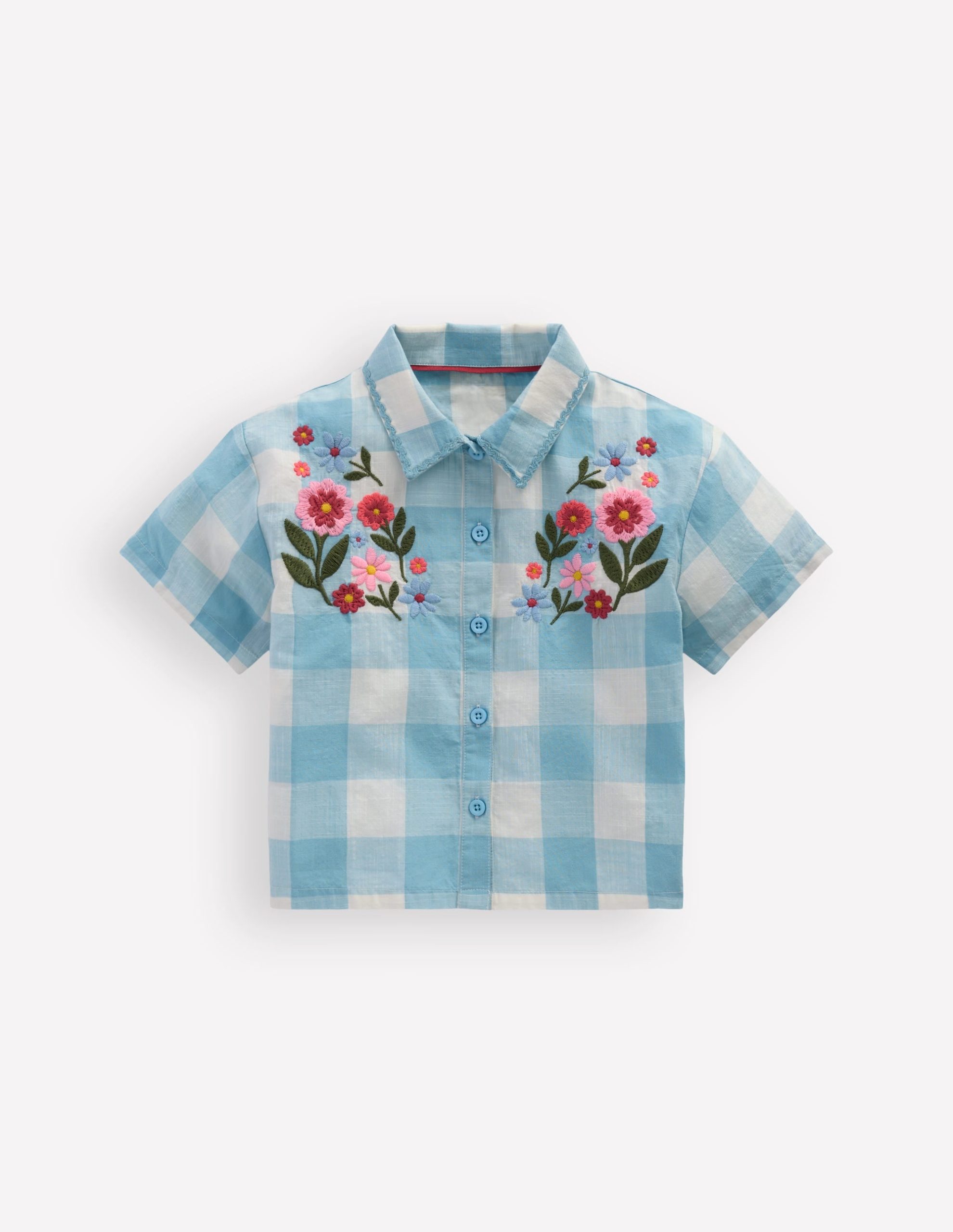 Short Sleeve Relaxed Shirt-Blue Gingham Embroidery