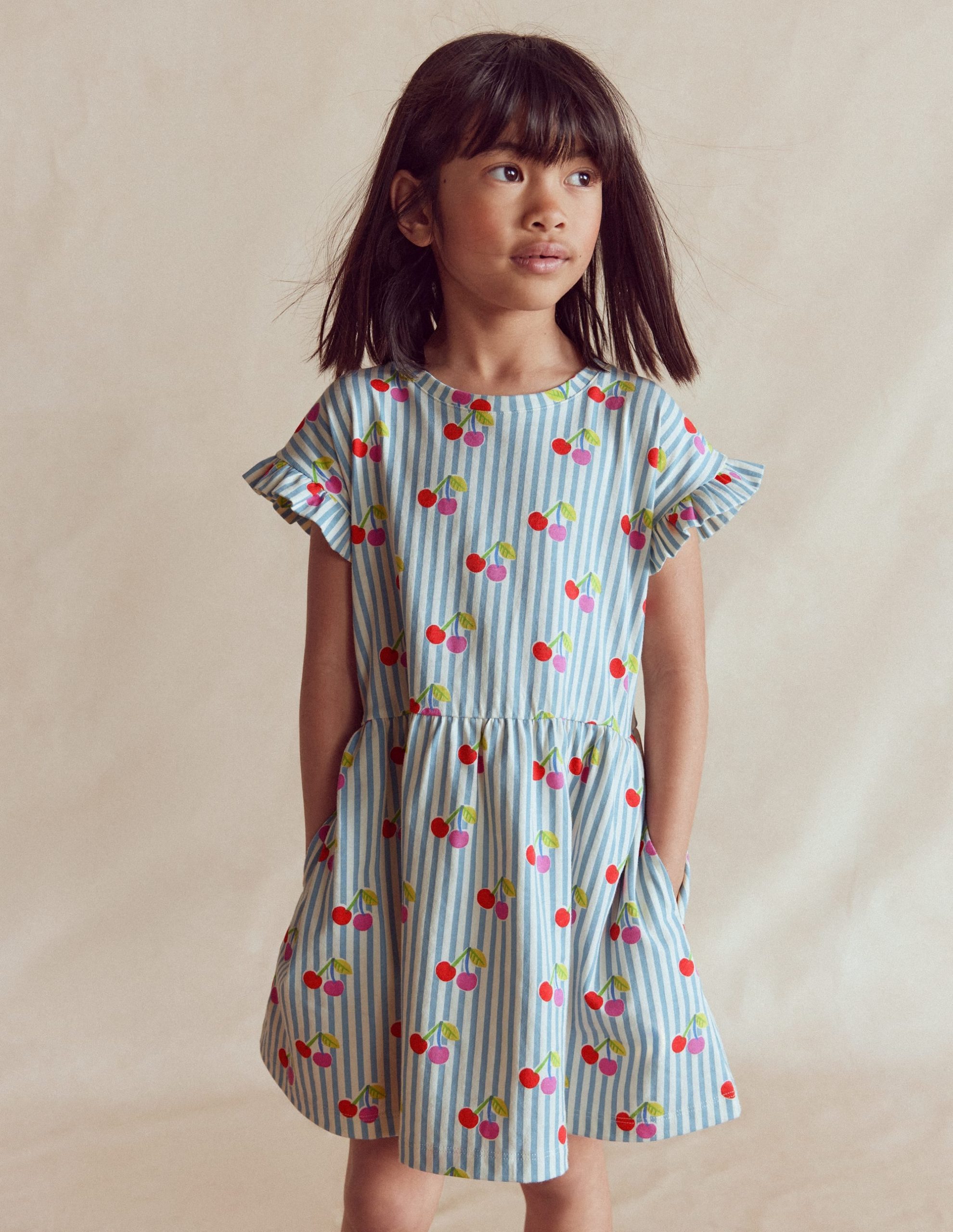 Jersey T-Shirt Dress-Blue Cherry Stripe