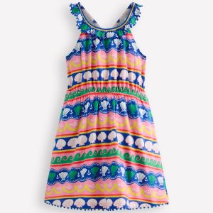 Ruffle Neck Trim Dress-Multi Seashell Stripe