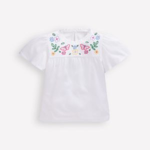 Embroidered Flutter Sleeve Top-White