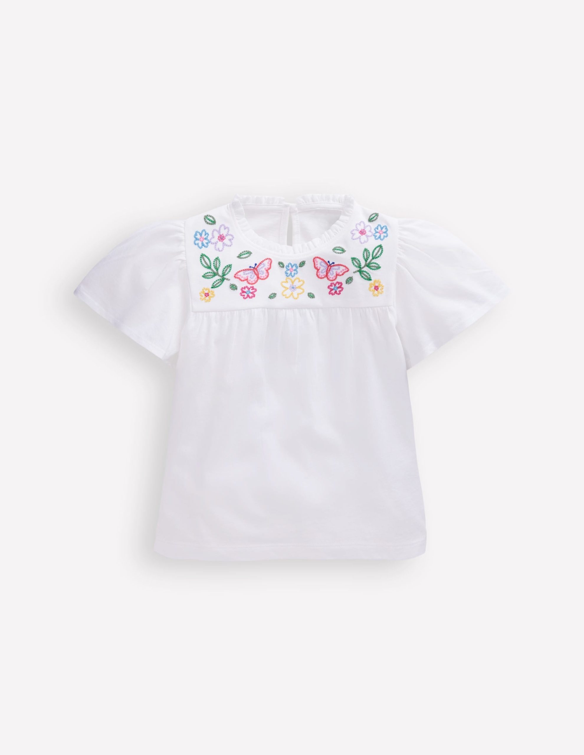 Embroidered Flutter Sleeve Top-White
