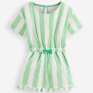 Relaxed Towelling Playsuit-Pale Green Stripe