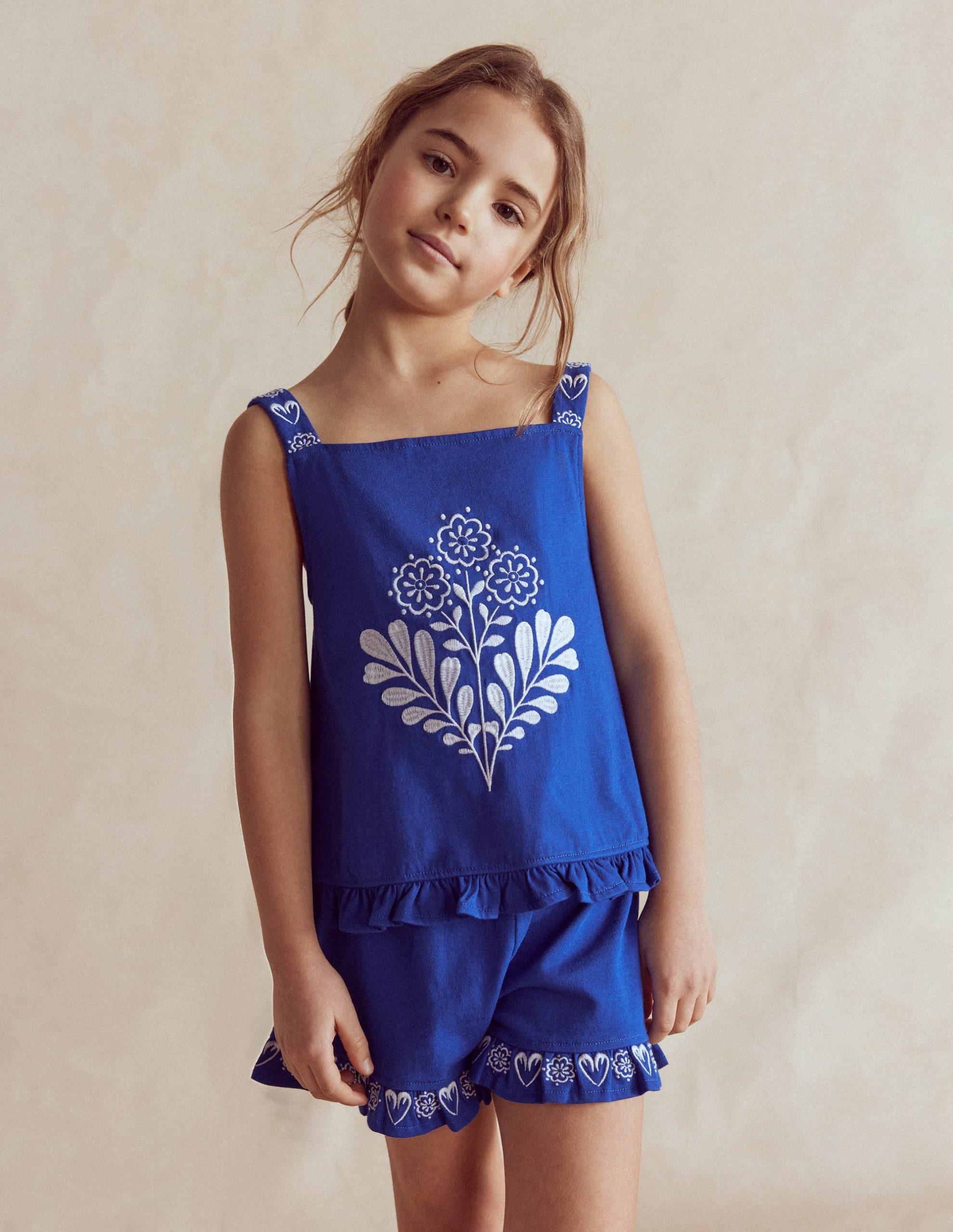 Embroidered Ruffle Top-Bright Blue Embroidery