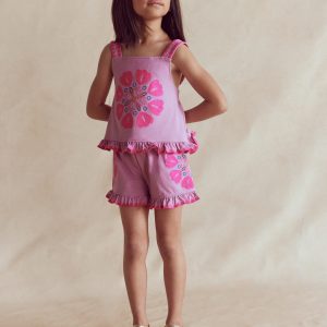 Embroidered Ruffle Top-Pink Punch Embroidery