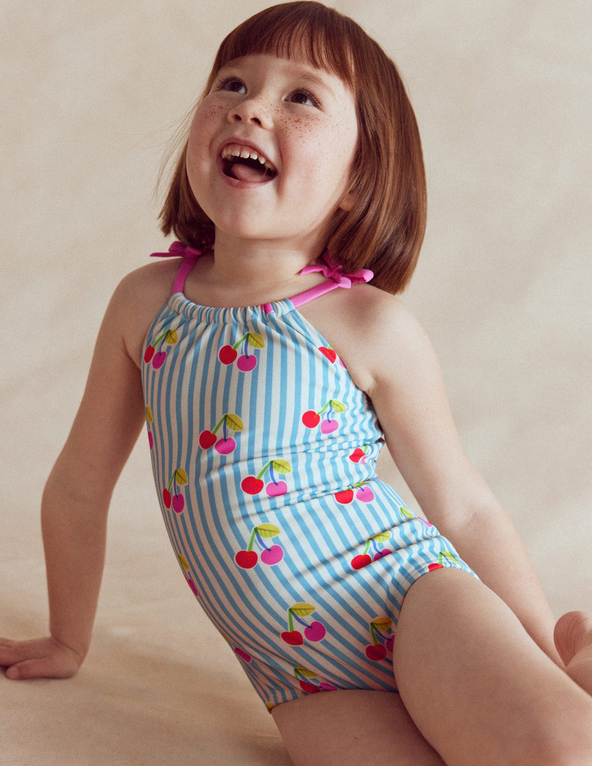 Tie Shoulder Swimsuit-Cloud Blue Stripe Cherries