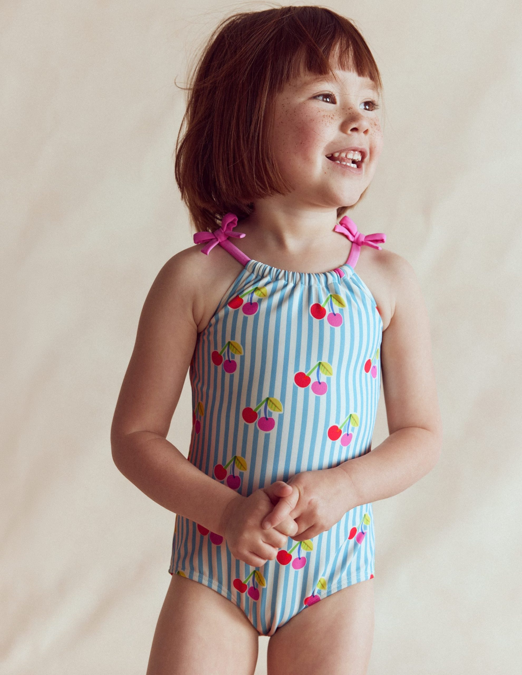 Tie Shoulder Swimsuit-Cloud Blue Stripe Cherries - Image 2
