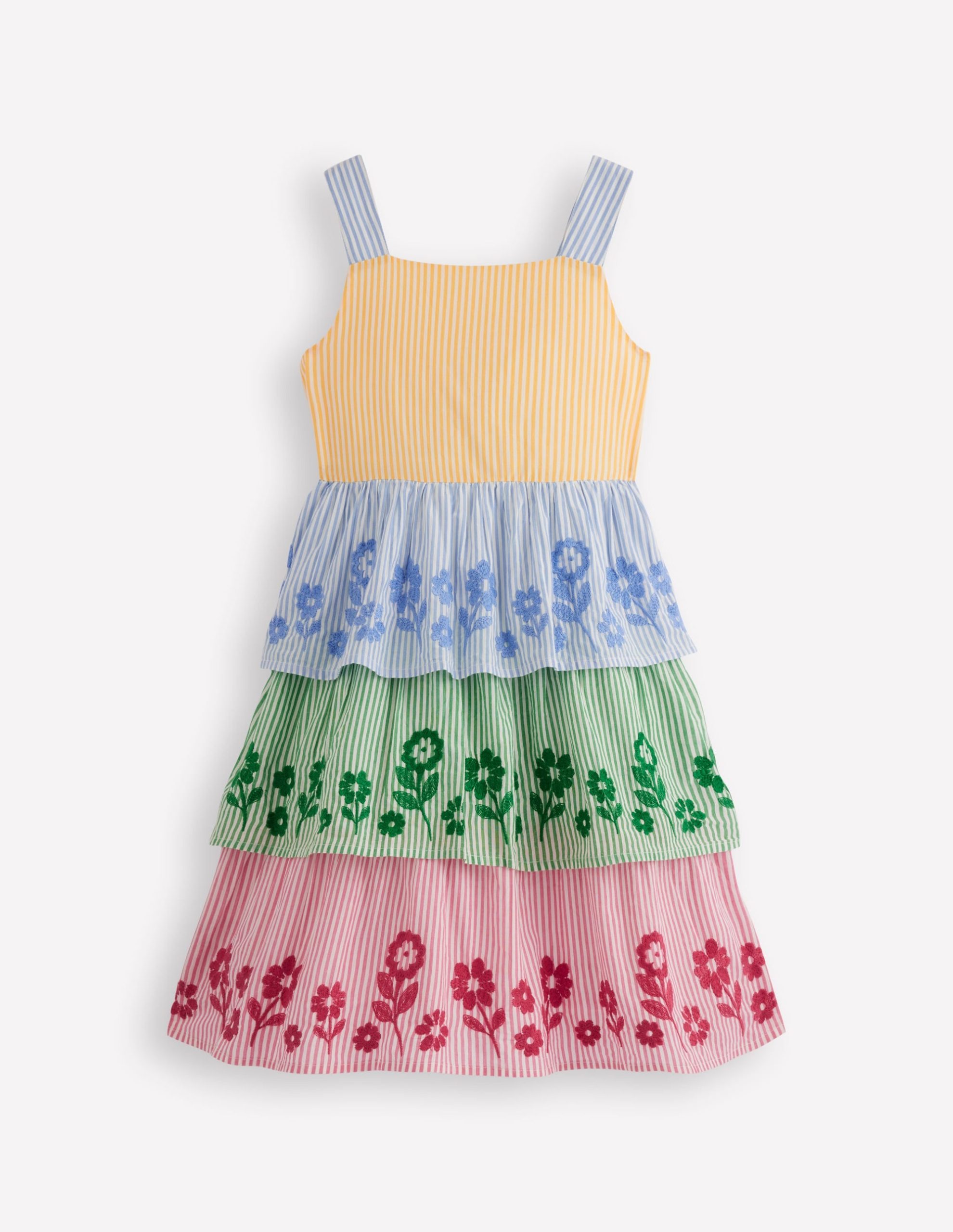 Tiered Embroidered Dress-Hotchpotch Stripe Embroidery