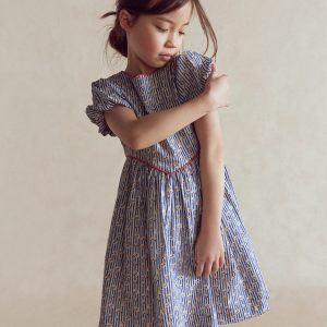 V-waist Woven Dress-Bluejay Cherry Stripe