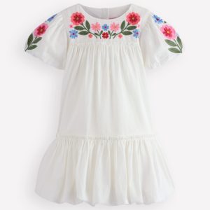 Drop Waist Bubble Dress-Soft Ivory Embroidery