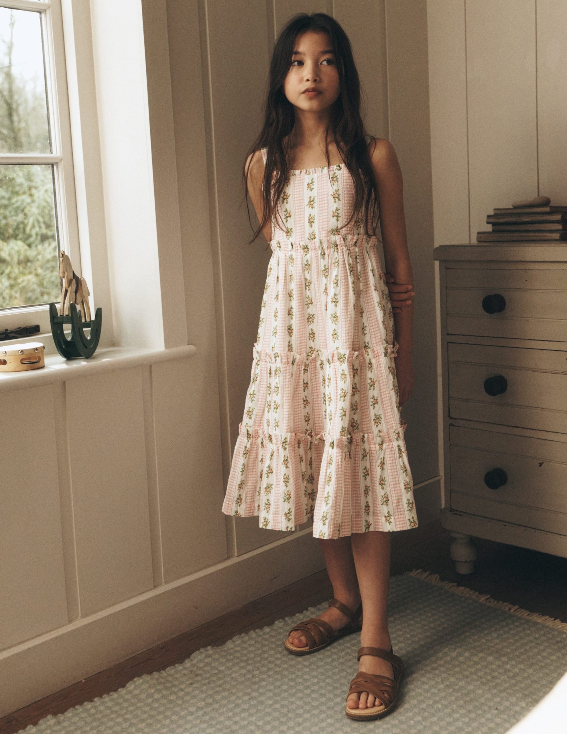 Tiered Midi Sundress-Soft Ivory Gingham Floral - Image 4