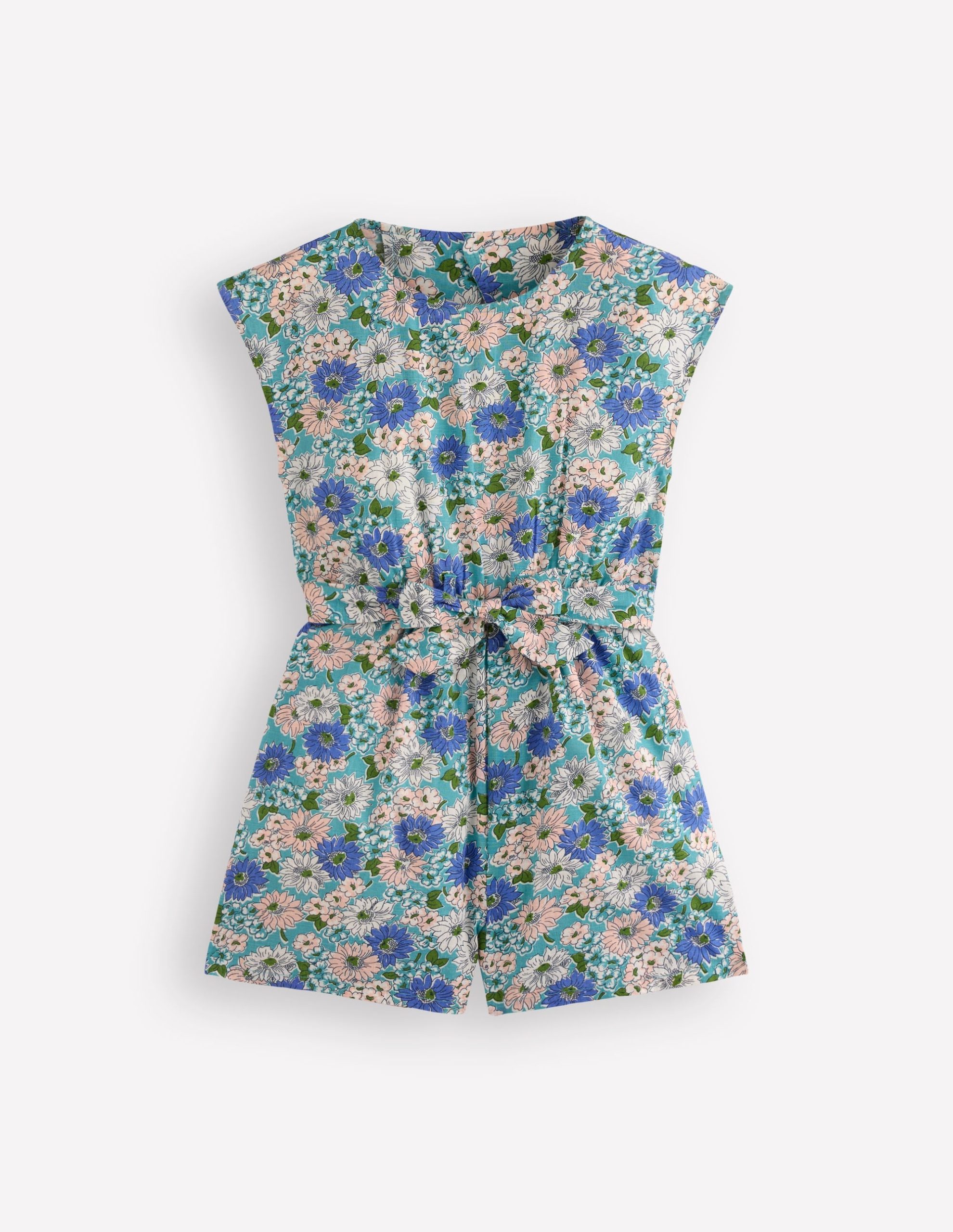 Tie Waist Woven Playsuit-Blue Floral - Image 4