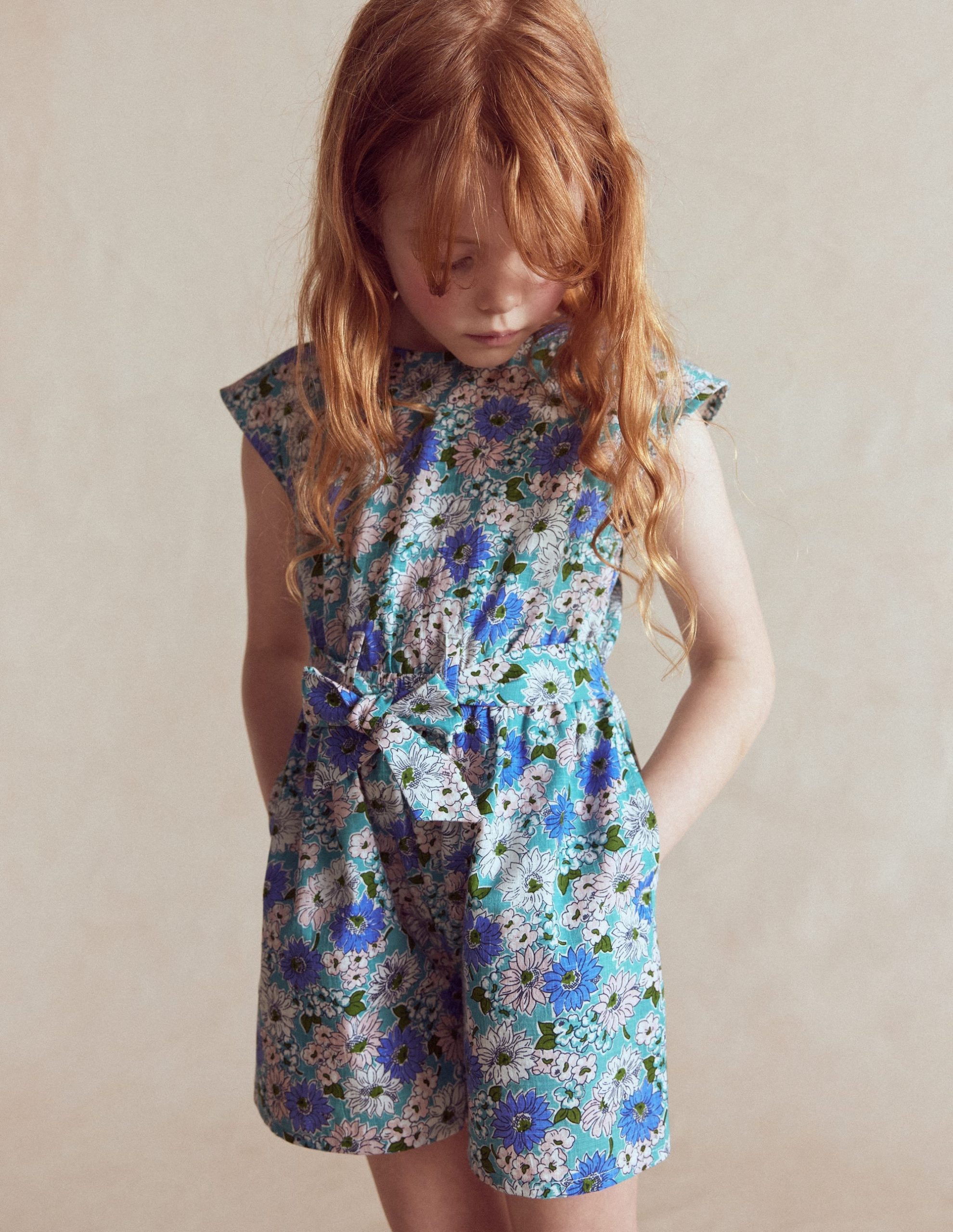 Tie Waist Woven Playsuit-Blue Floral - Image 2