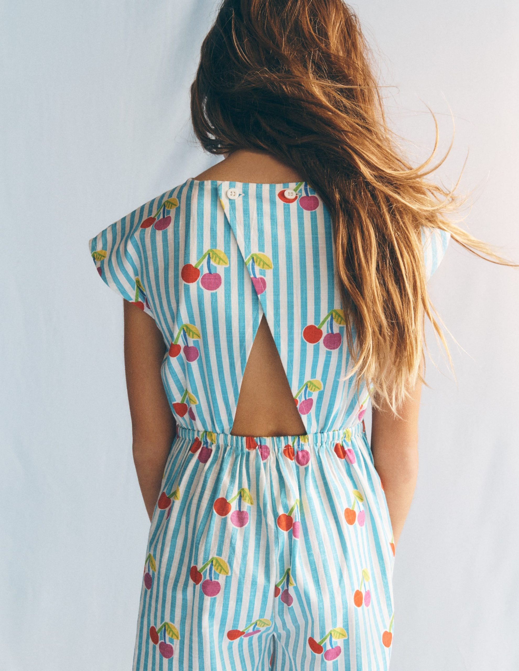 Tie Waist Woven Playsuit-Blue Cherry Stripe - Image 4