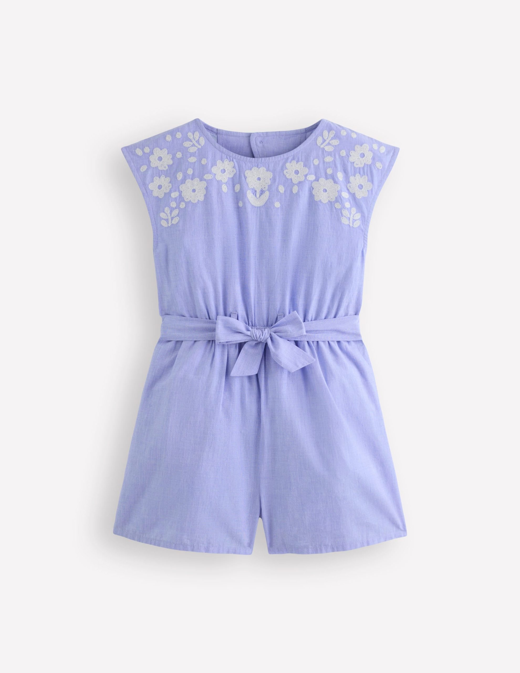 Tie Waist Woven Playsuit-Denim Embroidery