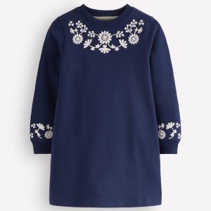 Ida Sweatshirt Appliqué Dress-Navy Floral Embroidery