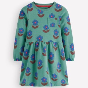 Minna Sweatshirt Dress-Green Flower Stamp