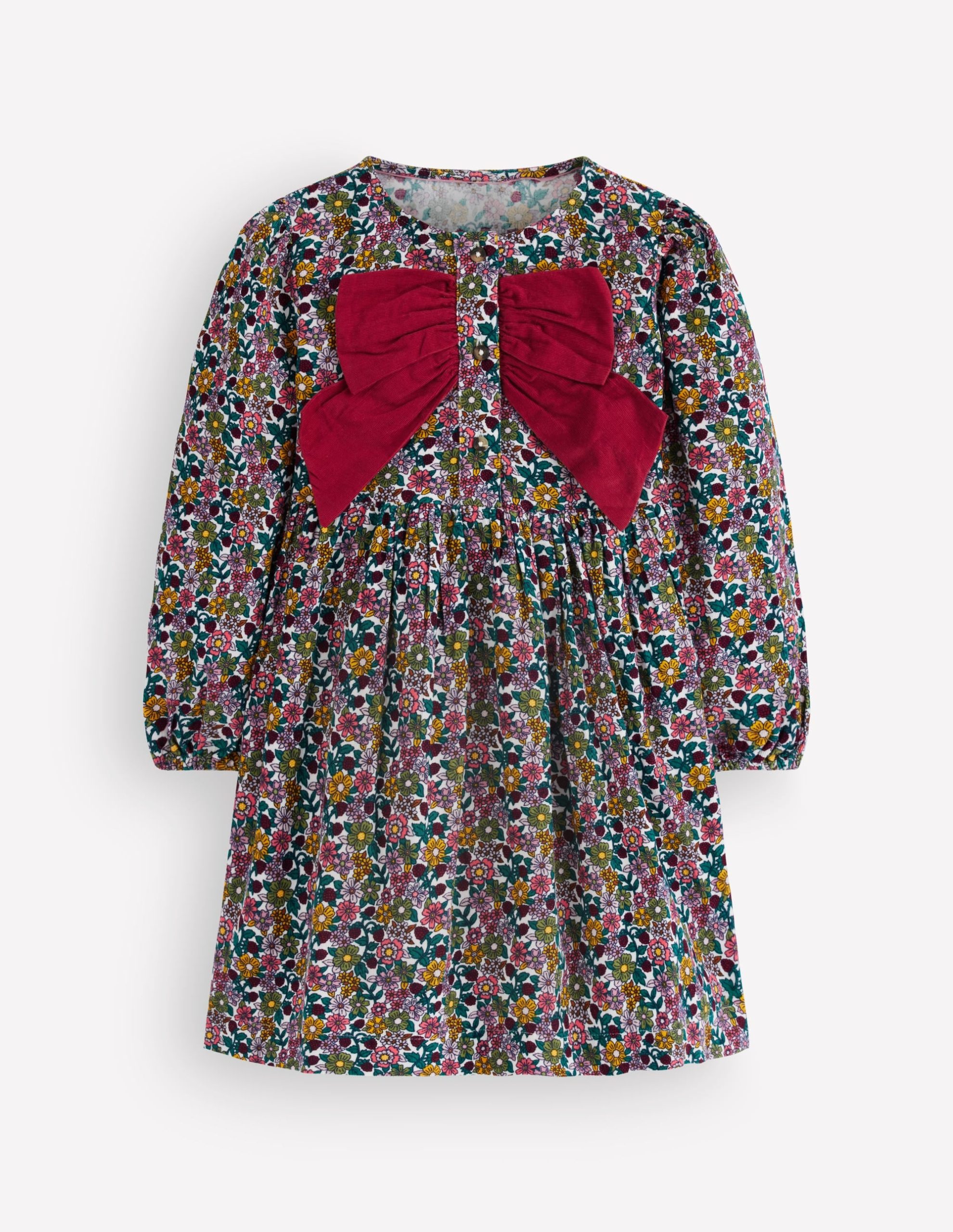 Norah Button-through Bow Dress-Floral Corduroy