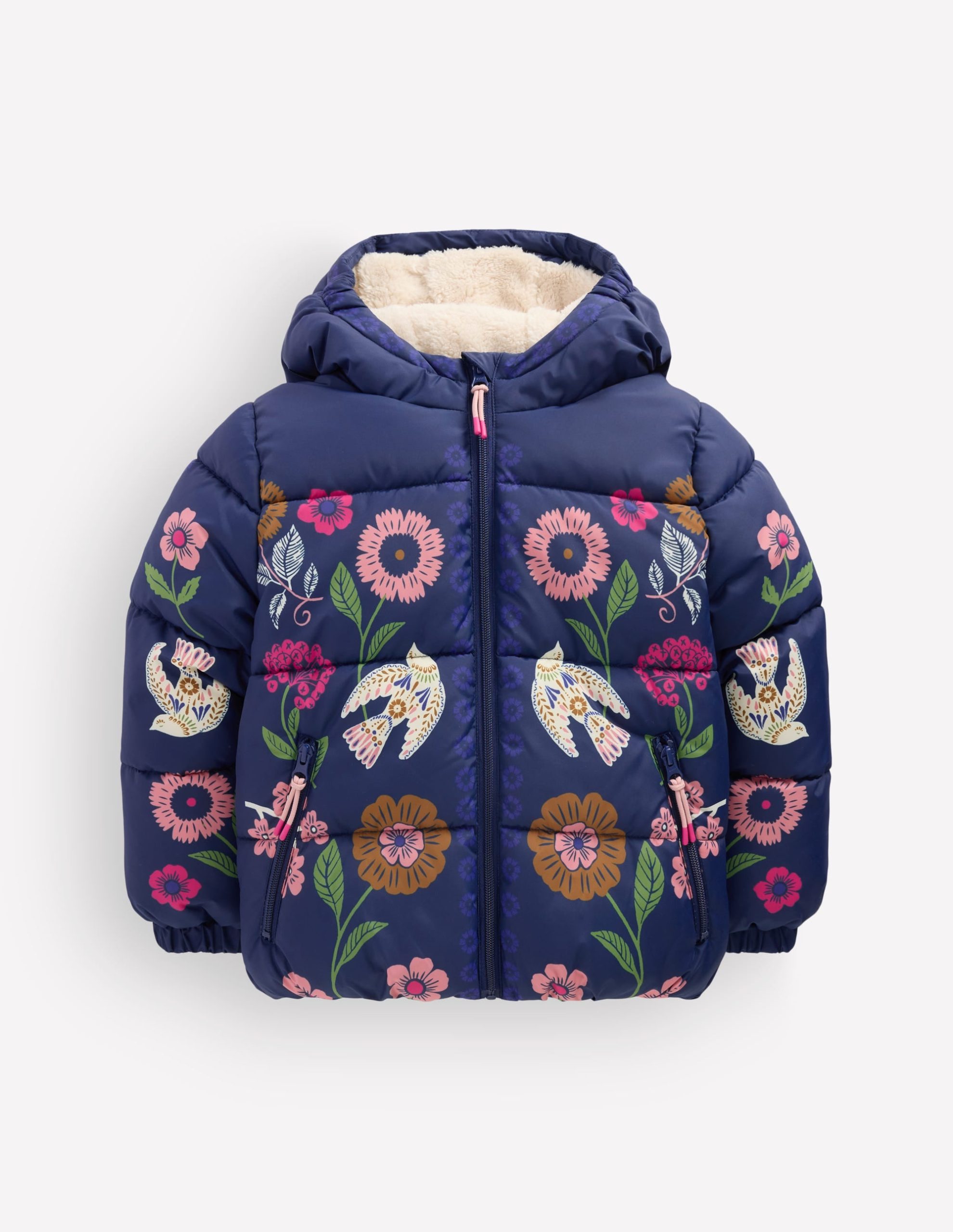 Fun Padded Coat-Navy Bird Placement Print - Image 5