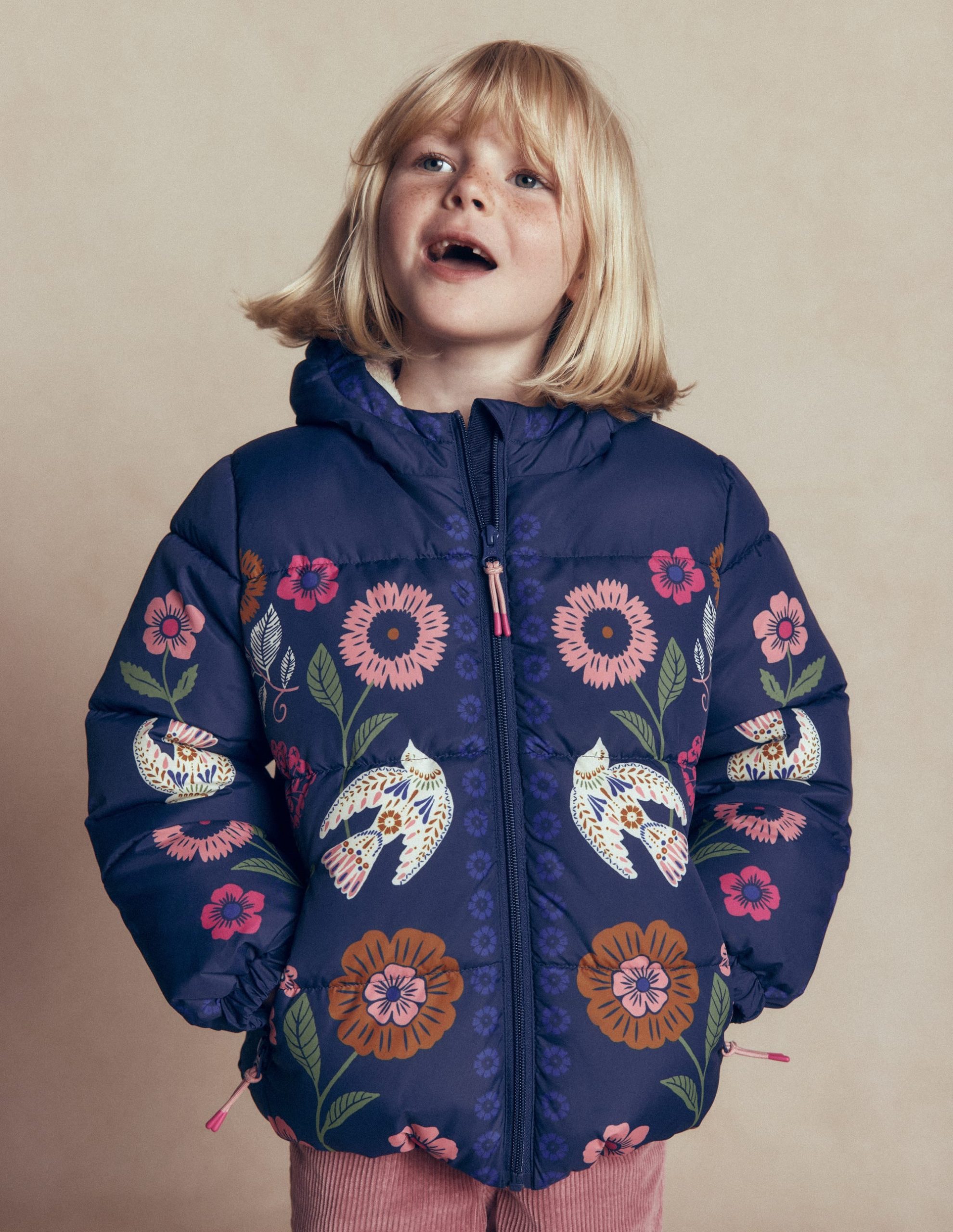 Fun Padded Coat-Navy Bird Placement Print - Image 2