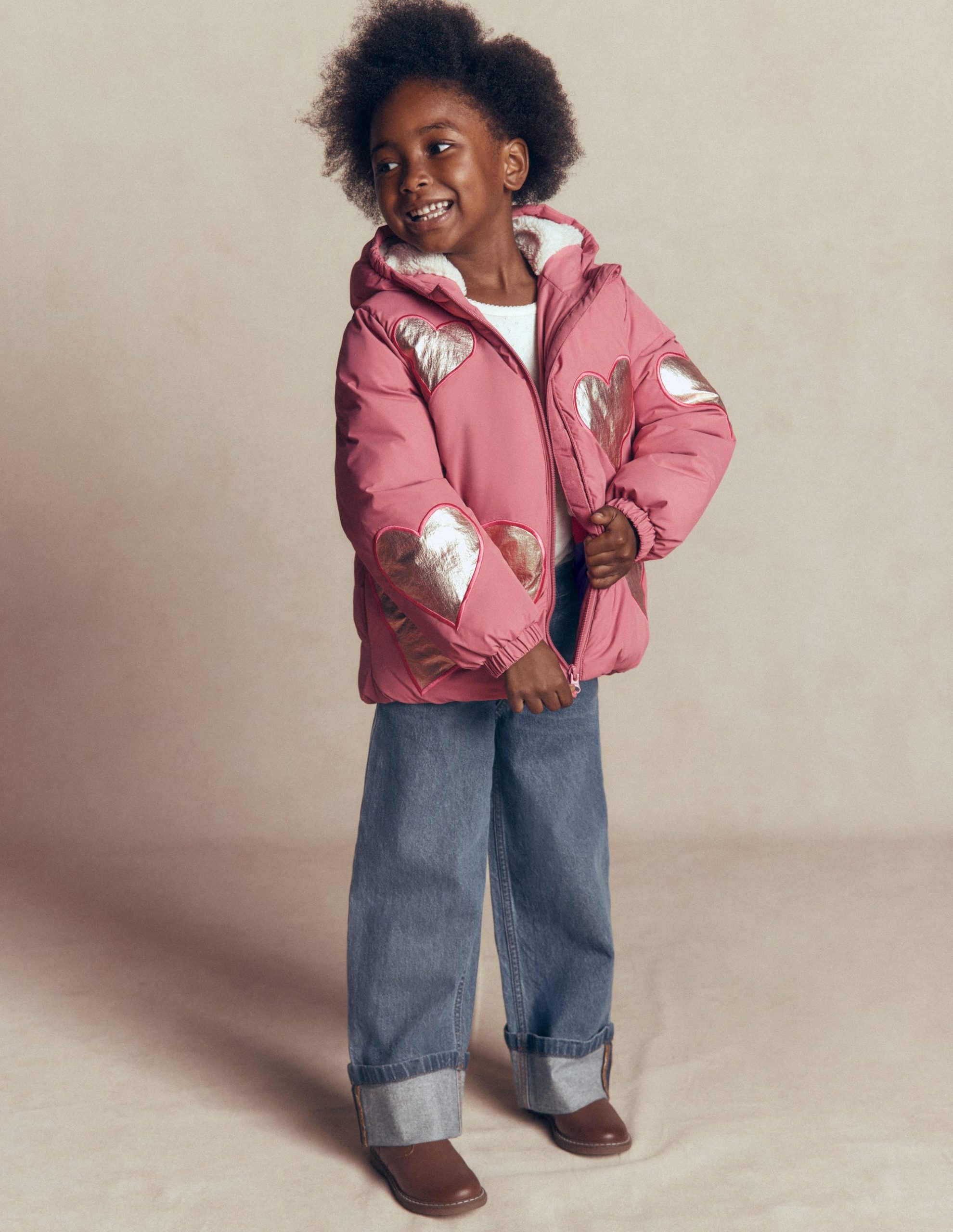 Fun Padded Coat-Pink Applique Metallic Hearts - Image 2