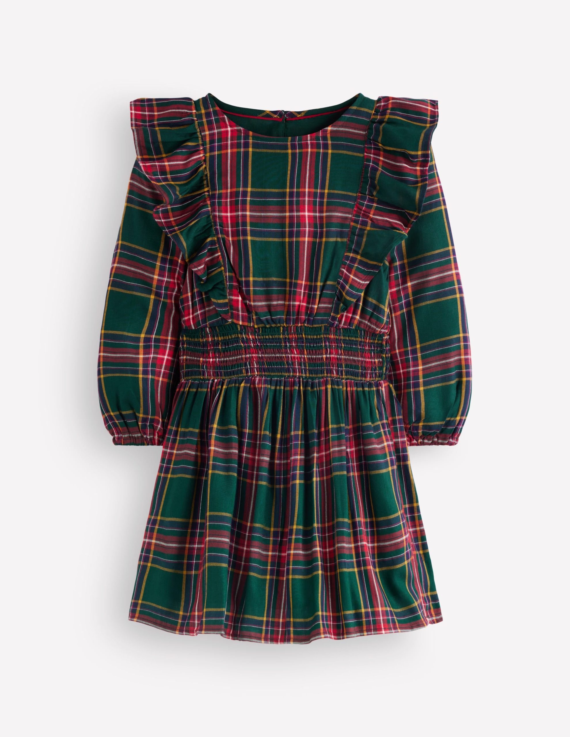 Shirred Drop Waist Dress-Green/ Red Check - Image 6