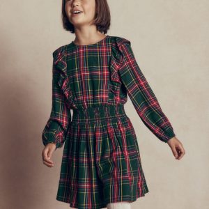 Shirred Drop Waist Dress-Green/ Red Check