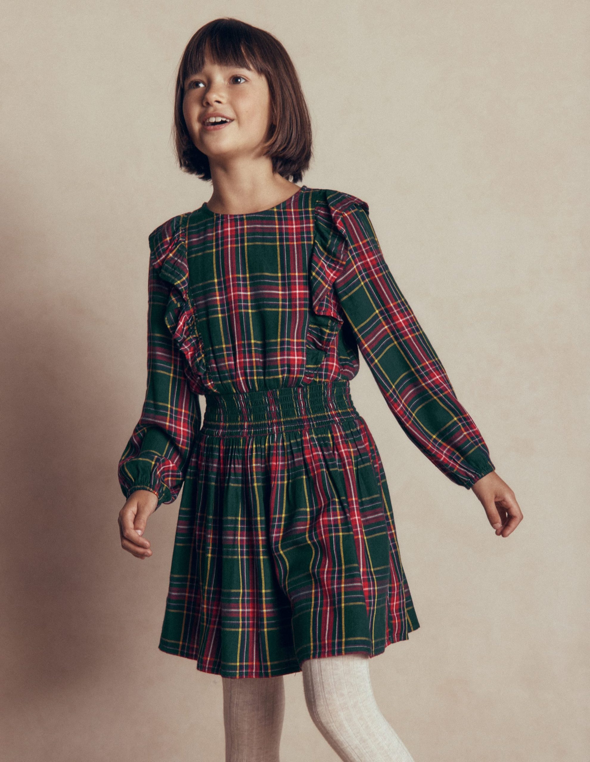 Shirred Drop Waist Dress-Green/ Red Check
