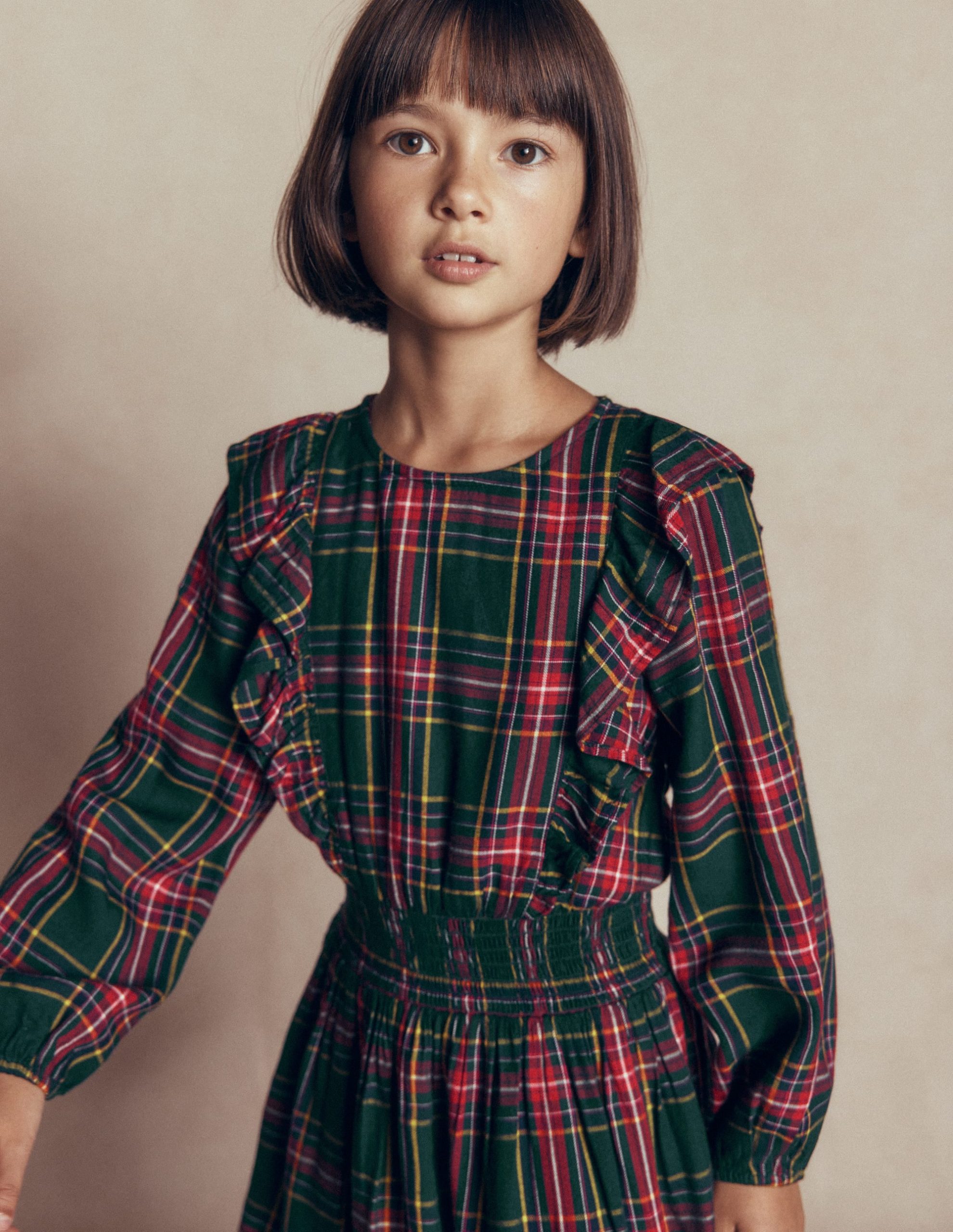 Shirred Drop Waist Dress-Green/ Red Check - Image 2