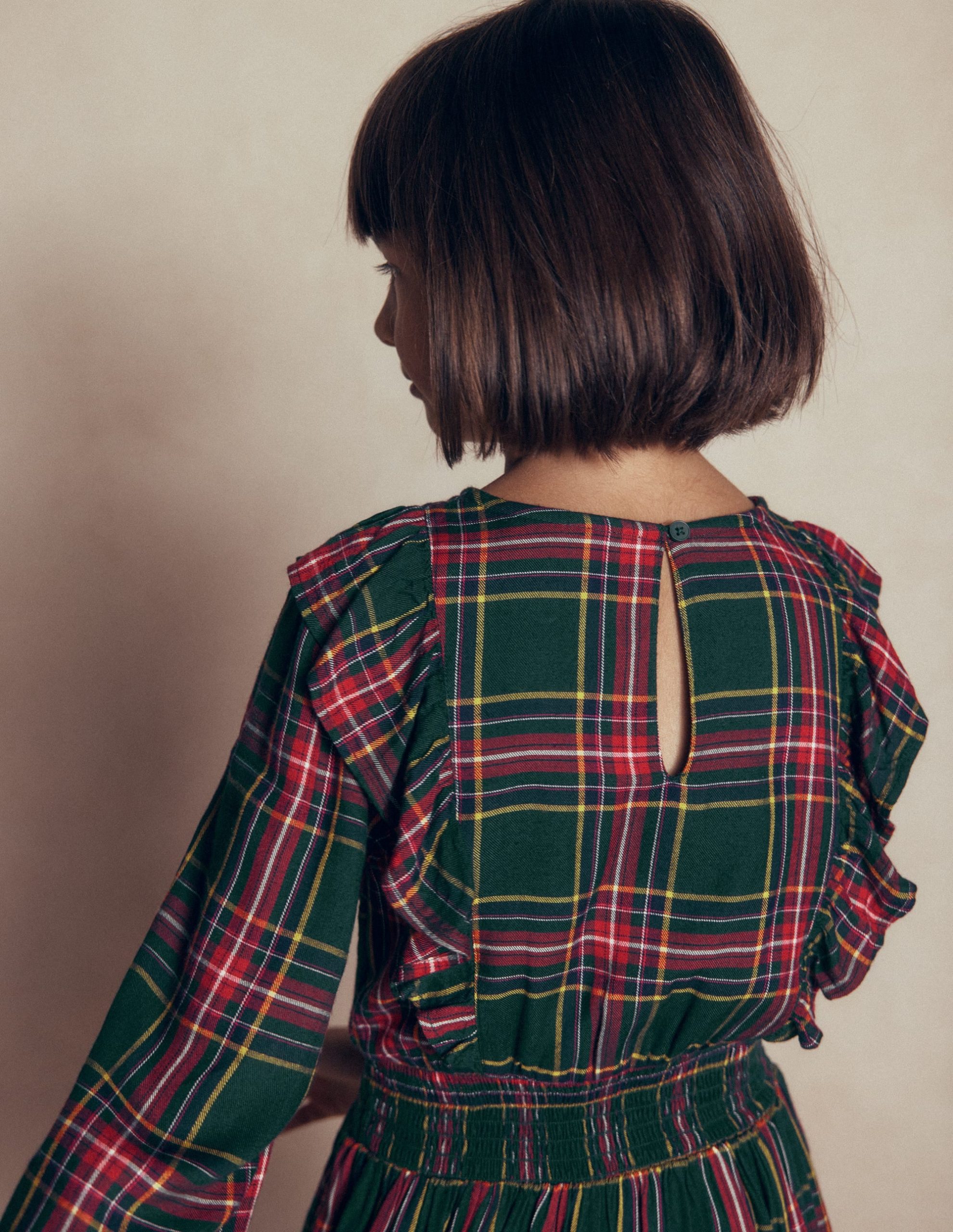 Shirred Drop Waist Dress-Green/ Red Check - Image 3