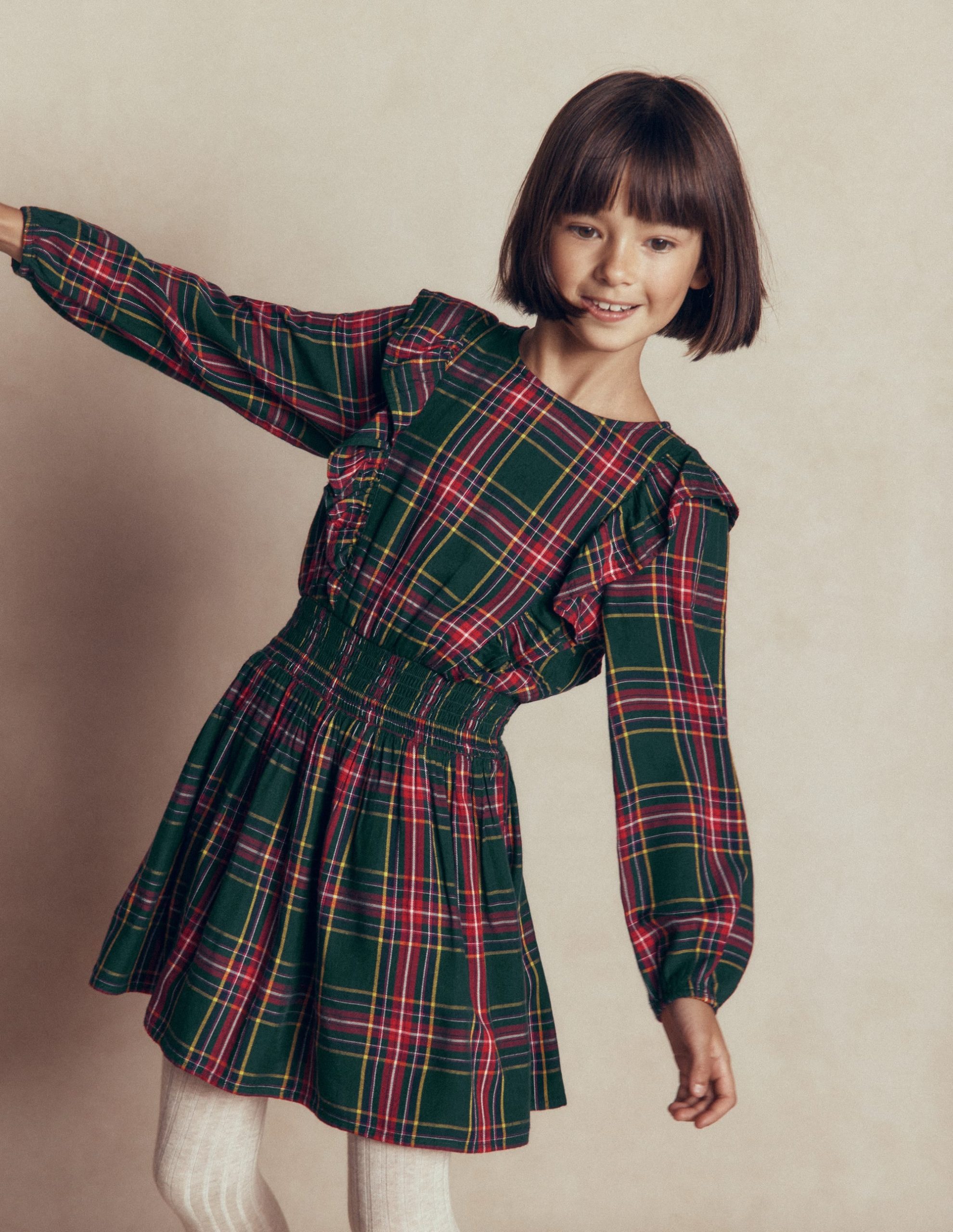 Shirred Drop Waist Dress-Green/ Red Check - Image 4