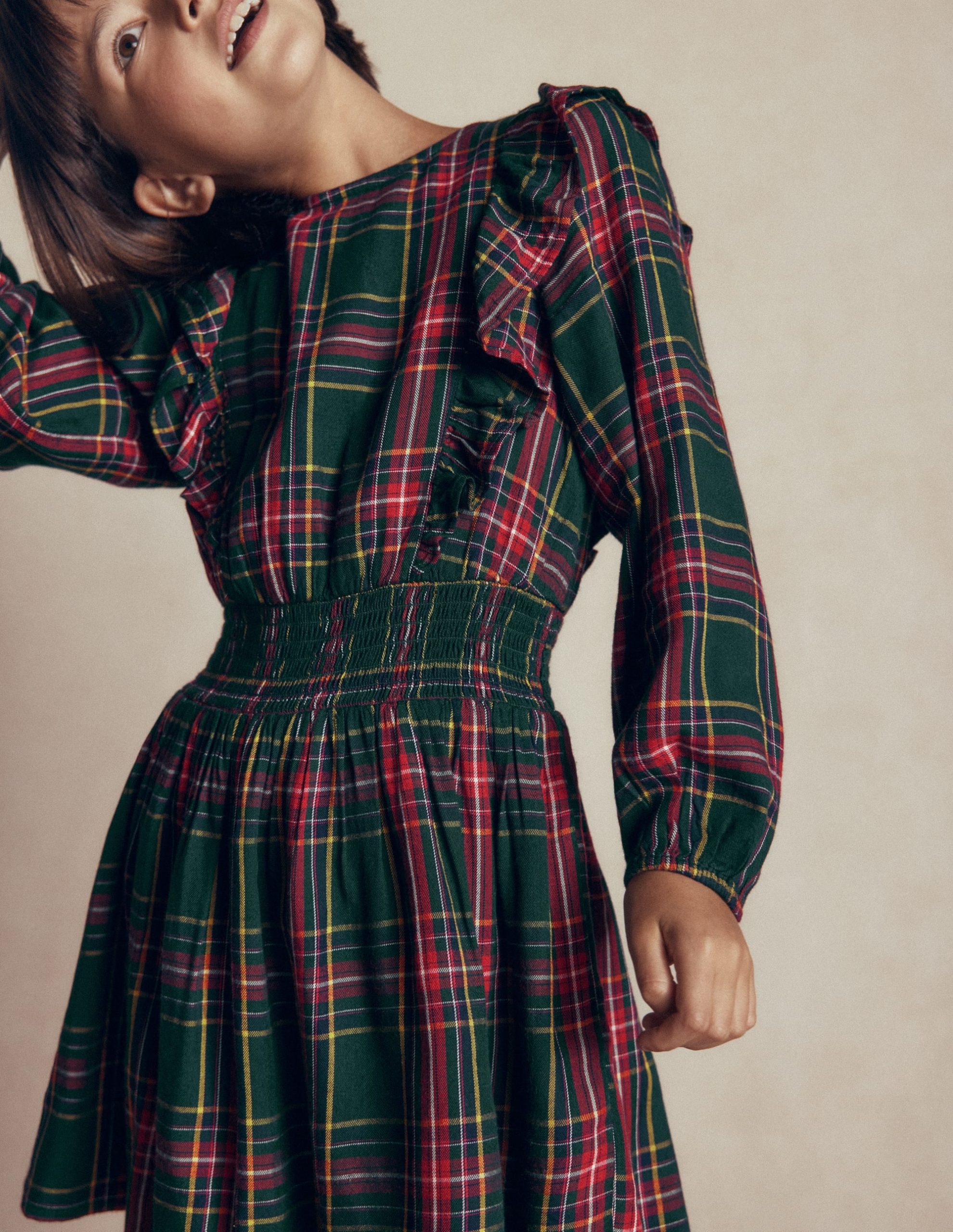 Shirred Drop Waist Dress-Green/ Red Check - Image 5