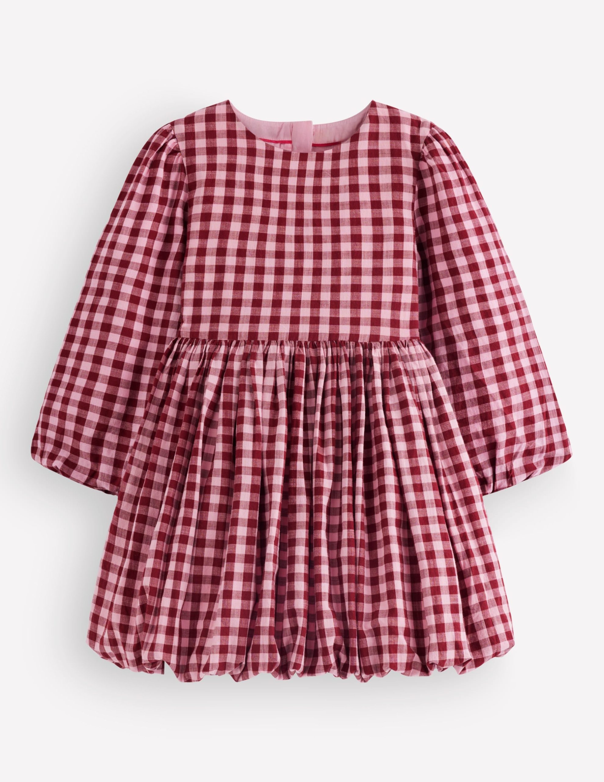 Long Sleeve Bubble Hem Dress-Red Check - Image 4