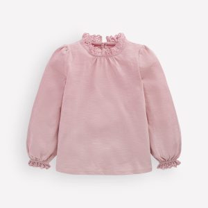 Broderie Trim Slub Top-Pink Violet