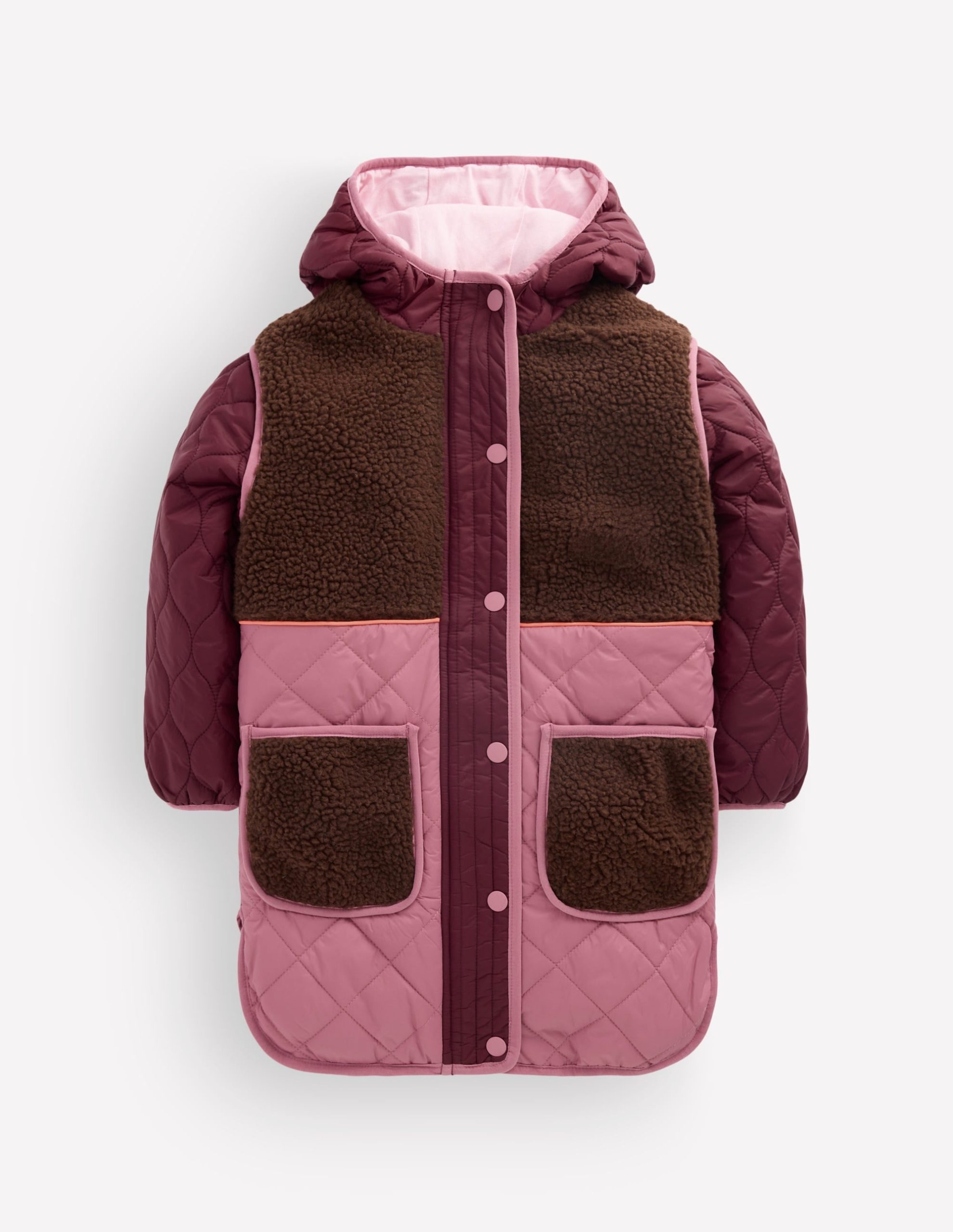 Longline Quilted Jacket-Maroon Banner Multi